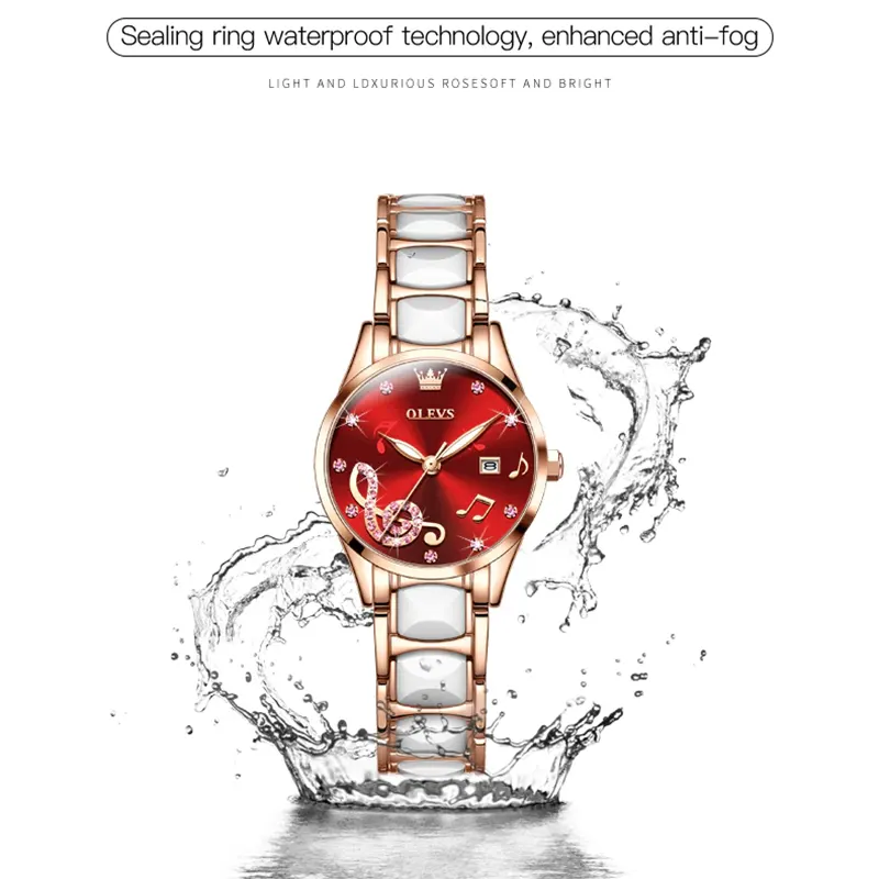 Olevs Rhinestone Red Dial Ceramic Strap Ladies Watch | 3605